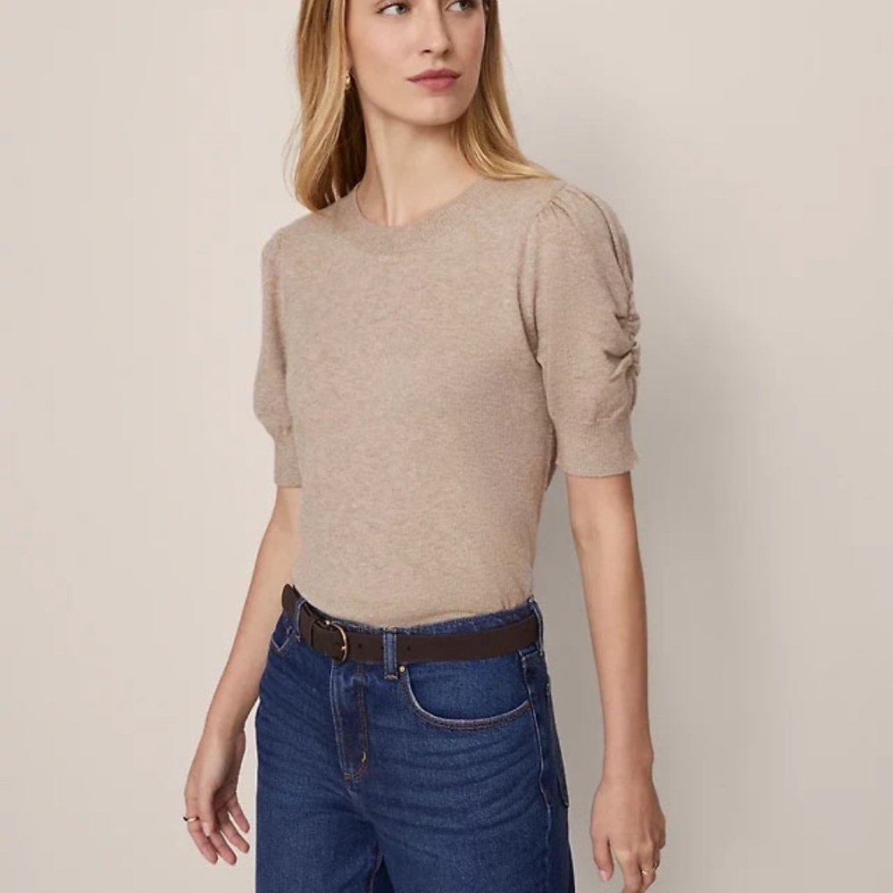 Ann Taylor Weekend Collection Ruched Sweater‎ T-Shirt Size Lg Vintage Taupe